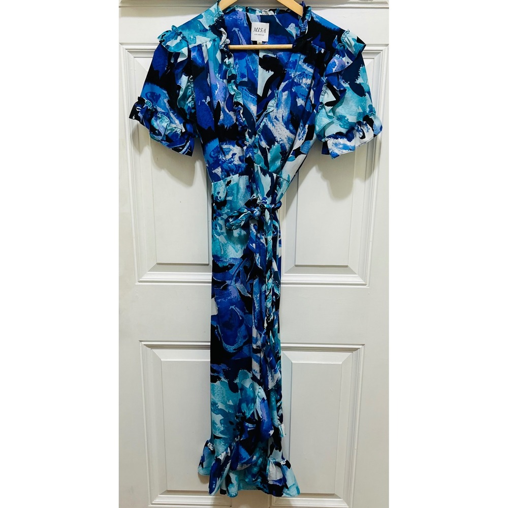 MISA Los Angeles Blue Abstract Floral Wrap Maxi Dress Ruffle XS